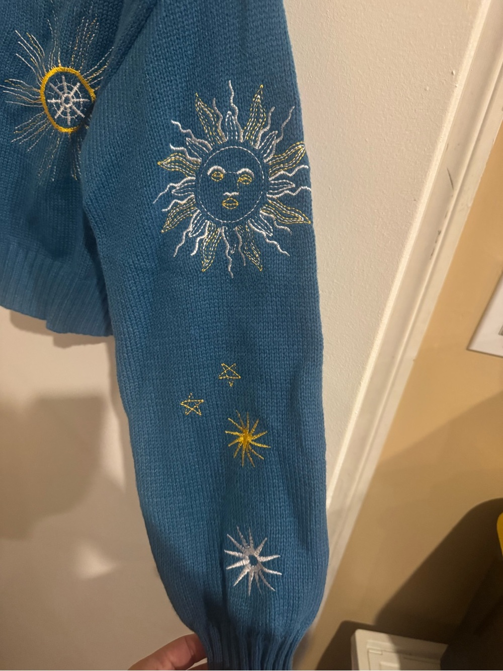 Embroidered Teal V-Neck Button Cardigan Sweater - Picture 4 of 7
